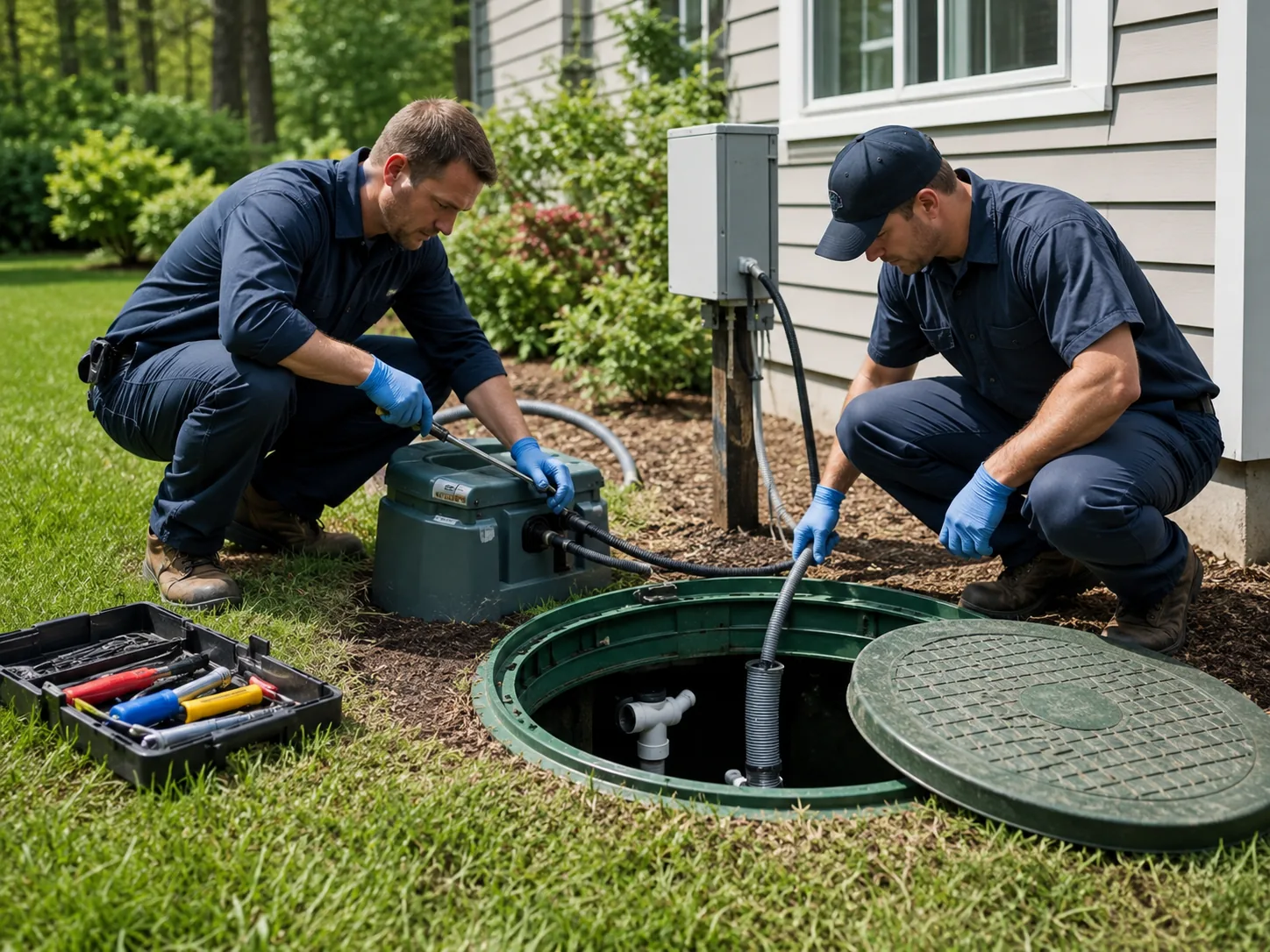 Technician servicing Alternative Treatment Units at a residential property in McIntosh - FL with inspection tools