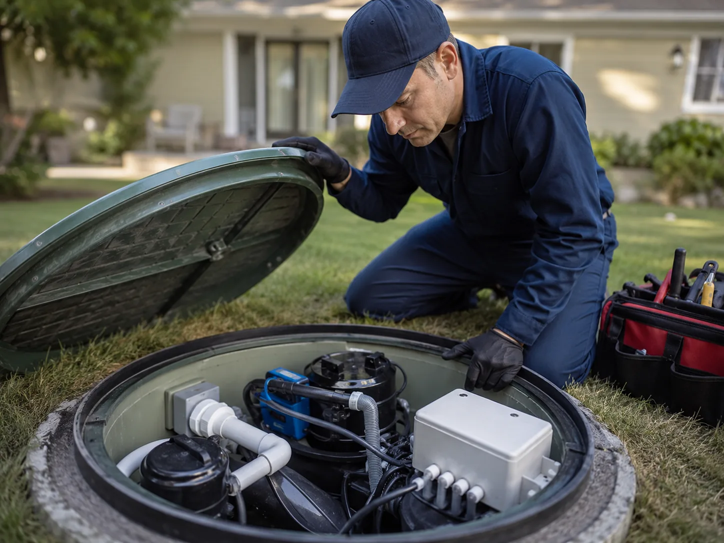 Technician inspecting Alternative Treatment Units at an Ocala - FL property during a wastewater system check