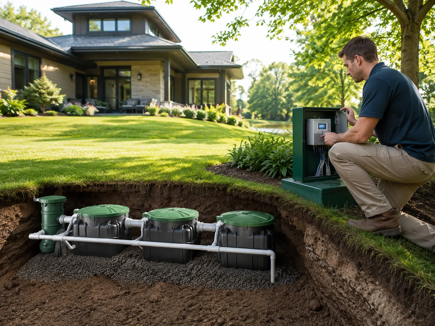 Technician servicing Alternative Treatment Units on a Salt Springs - FL property near a tree-lined yard