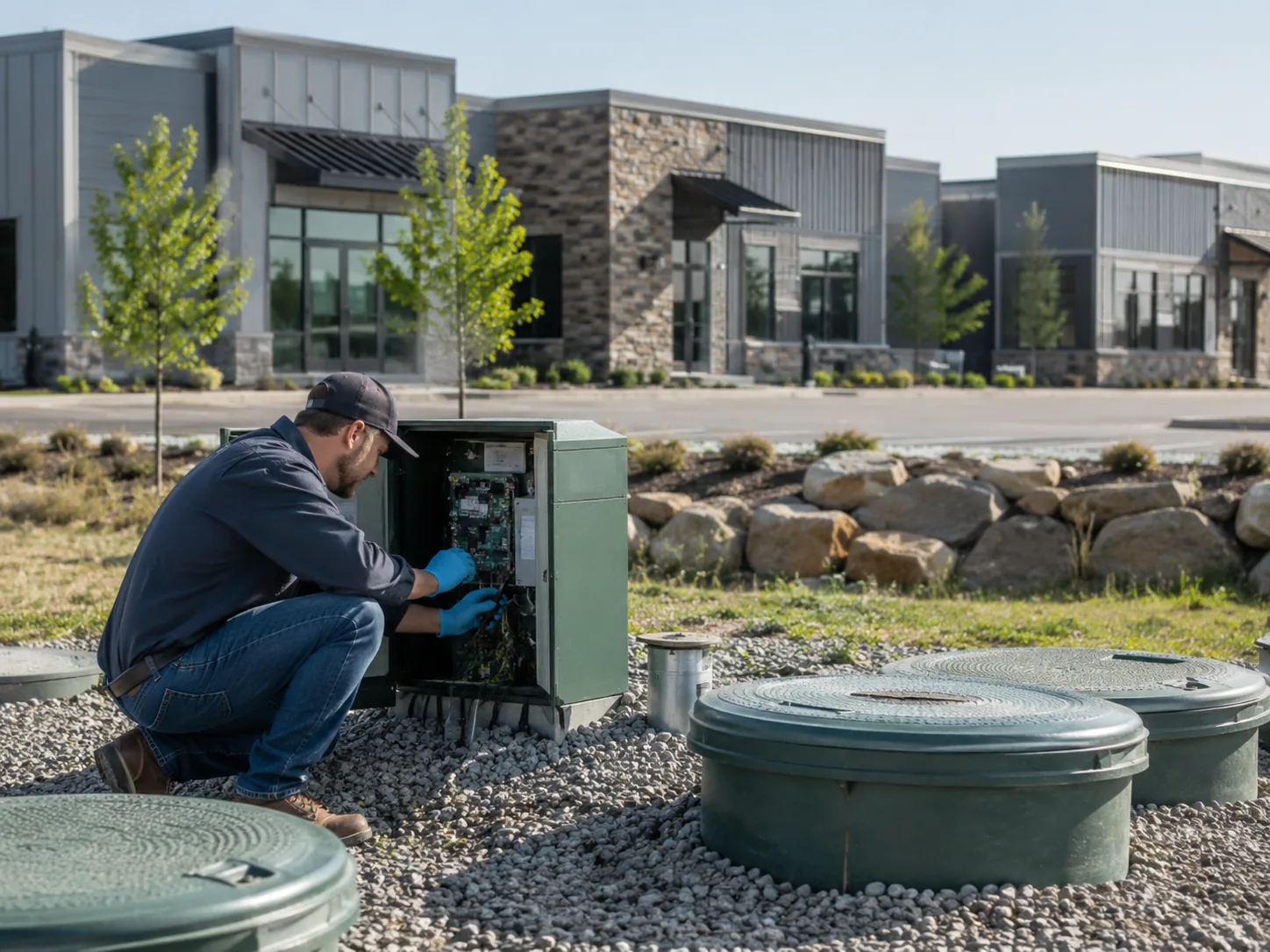 Technician inspecting Alternative Treatment Units controls while checking treatment flow and service access points