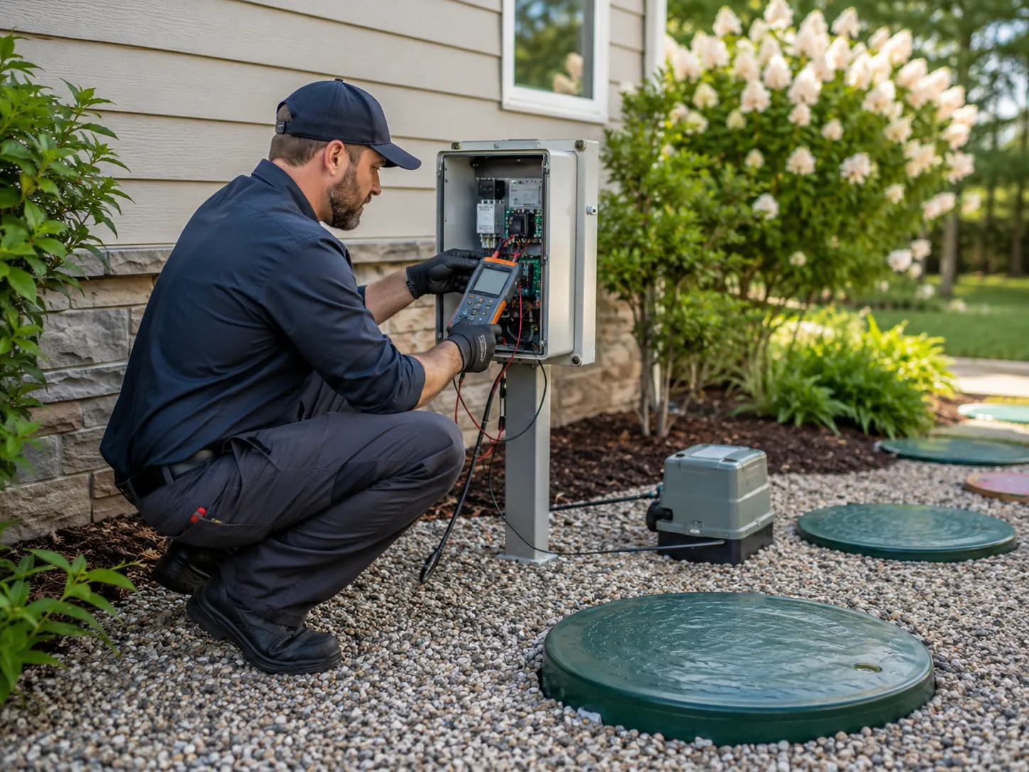 Crew positioning Alternative Treatment Units components beside a new home during wastewater system installation